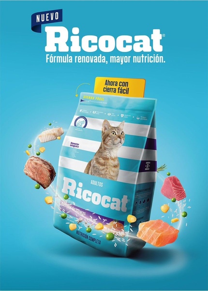 This ad creative highlights a bag of Ricocat pet food surrounded by floating fresh ingredients, emphasizing quality and nutritional value.